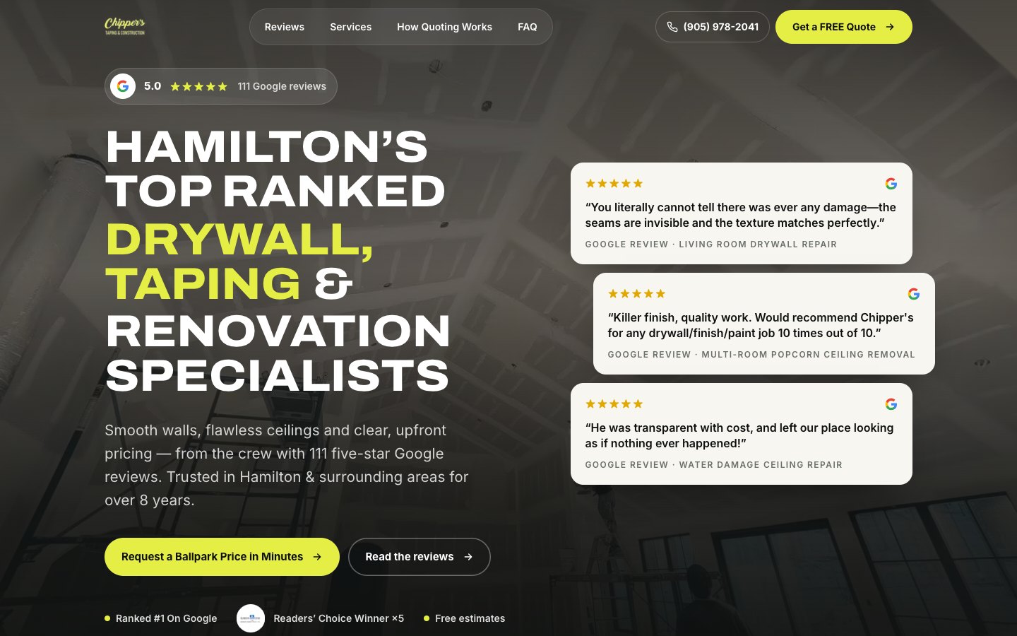 Chipper’s Taping & Construction website, built by SmartReach